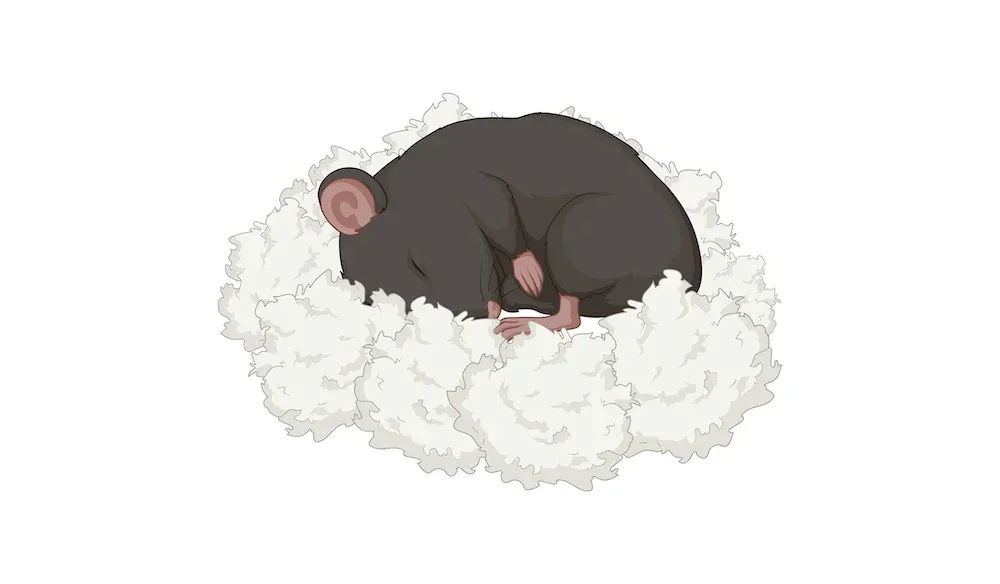 Dessin animé d'une souris noire recroquevillée et dormant confortablement dans une substance blanche et duveteuse qui pourrait être du coton ou du matériel de literie.