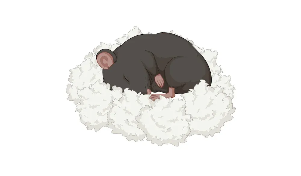 A cartoon of a black mouse curled up and sleeping comfortably in a fluffy, white substance that could be cotton or bedding material