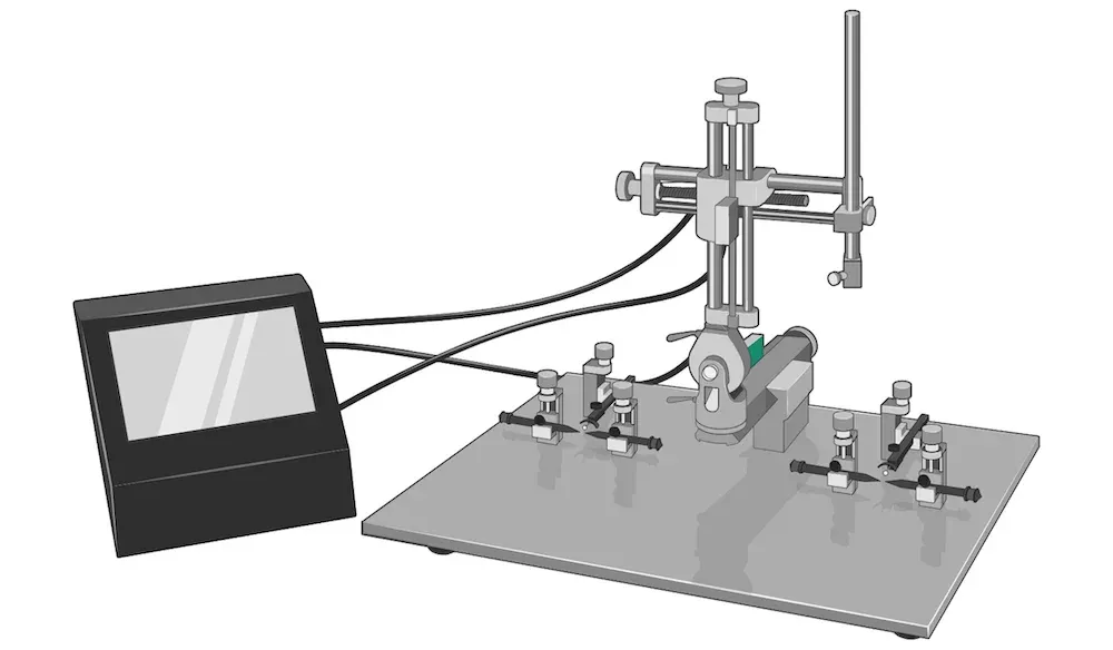 A stereotaxic frame with a connected monitor, likely used in neuroscience to guide injections into specific brain regions such as the striatum and cortex for Alzheimer's Disease research